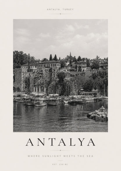 Siyah Beyaz Antalya Liman Manzarası Vintage Duvar Tablosu