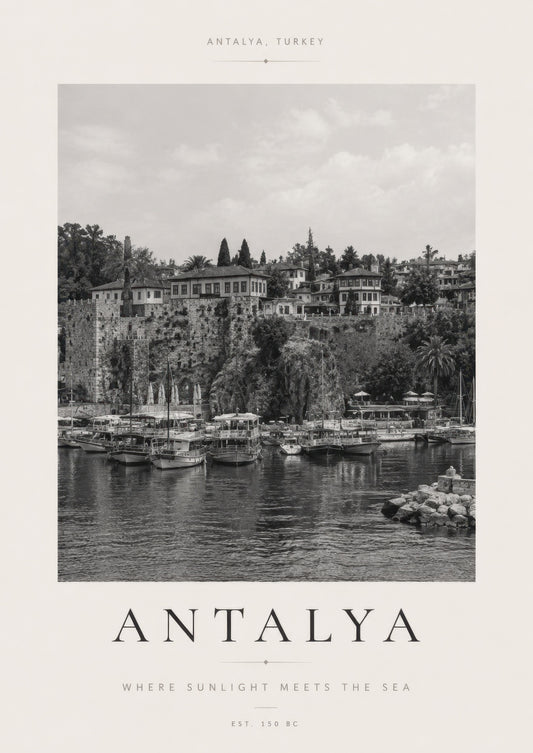 Siyah Beyaz Antalya Liman Manzarası Vintage Duvar Tablosu