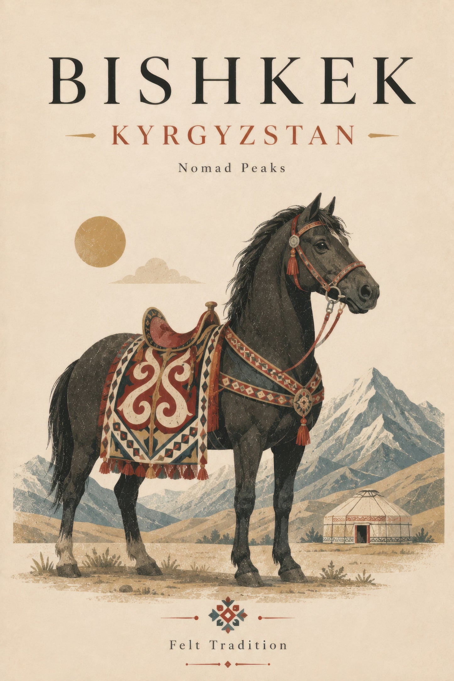 Krem Kahverengi Kırgızistan Atlı Seyahat Posteri Duvar Tablosu