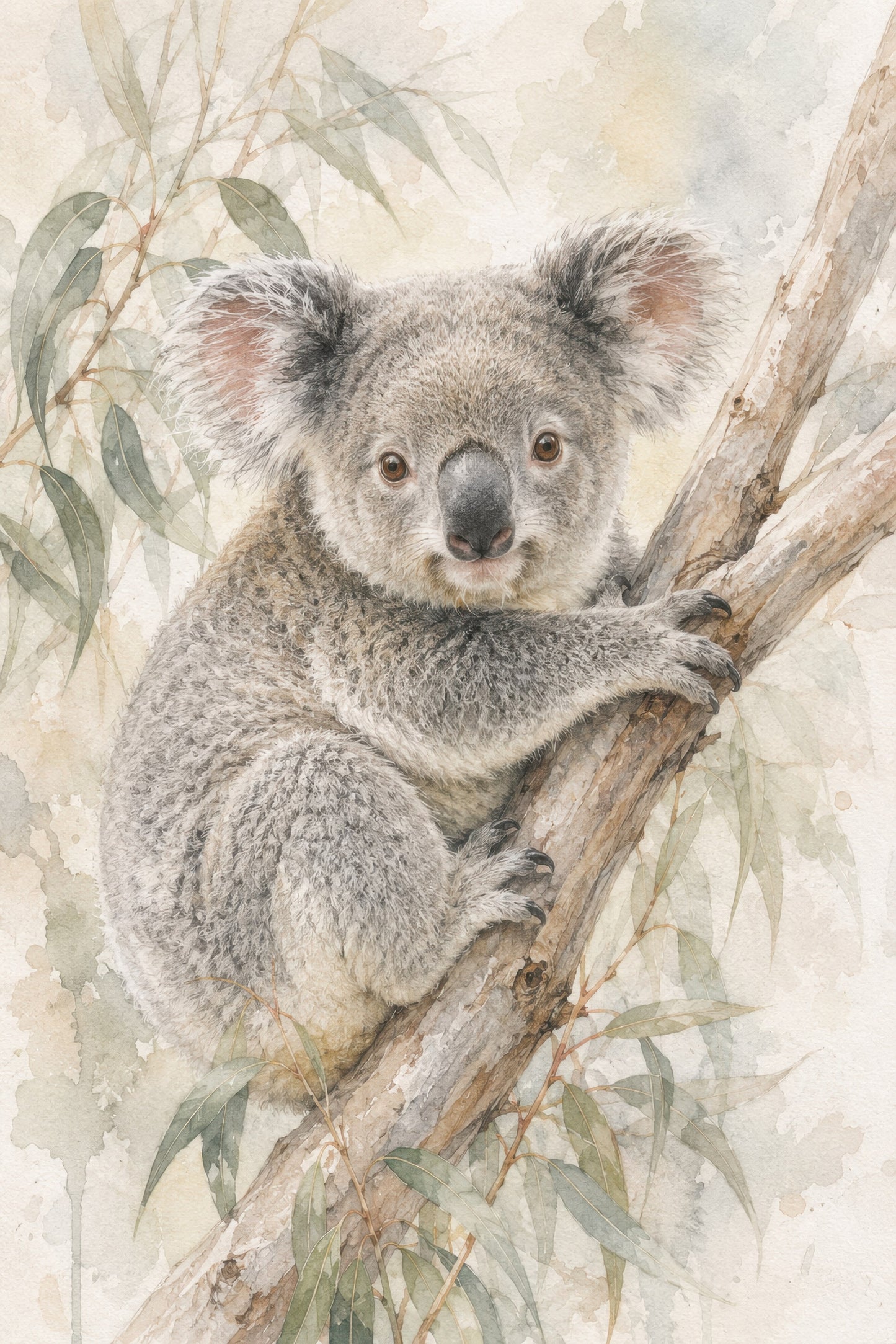 Gri Bej Koala Portresi Suluboya Duvar Tablosu