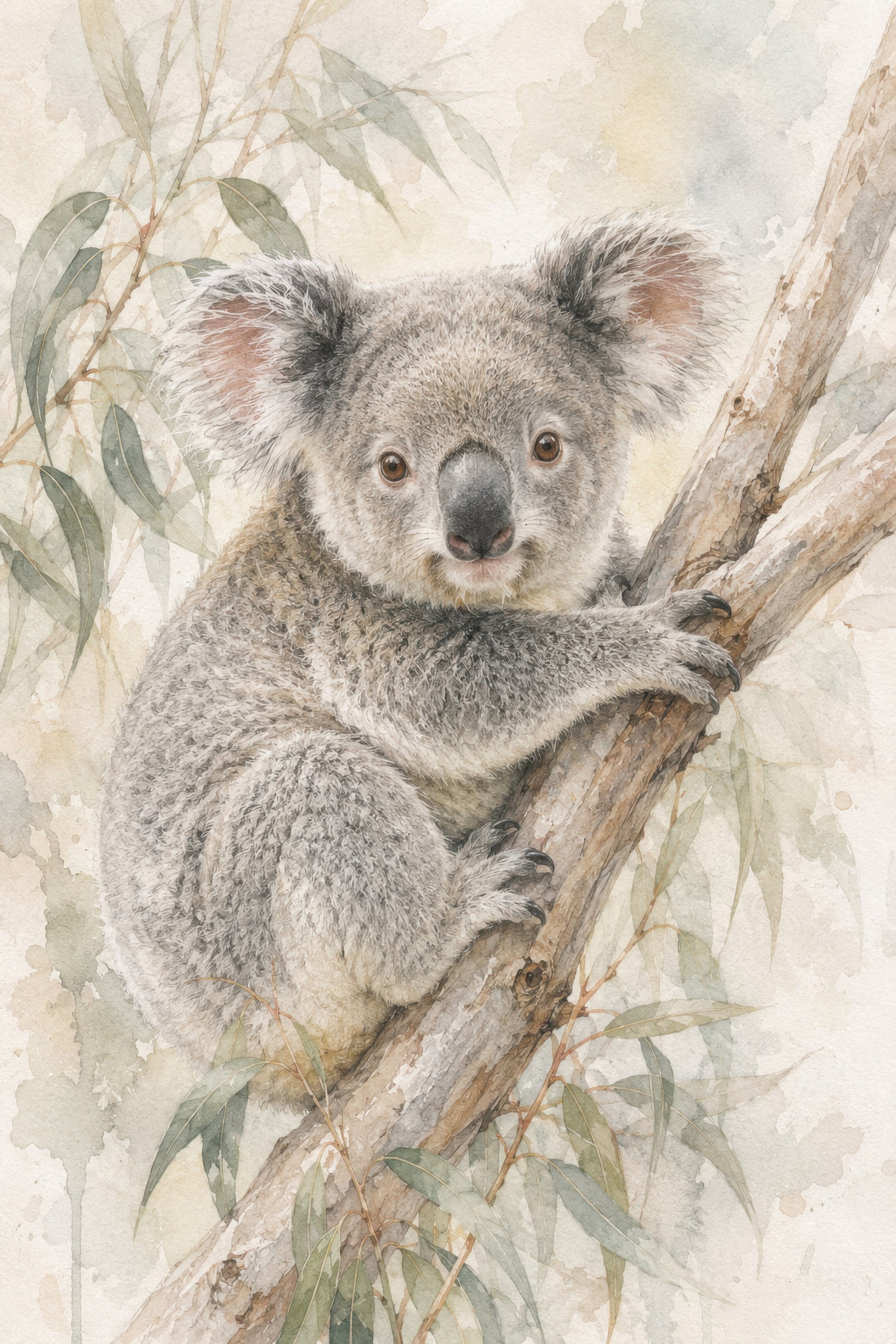 Gri Bej Koala Portresi Suluboya Duvar Tablosu