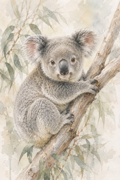 Gri Bej Koala Portresi Suluboya Duvar Tablosu