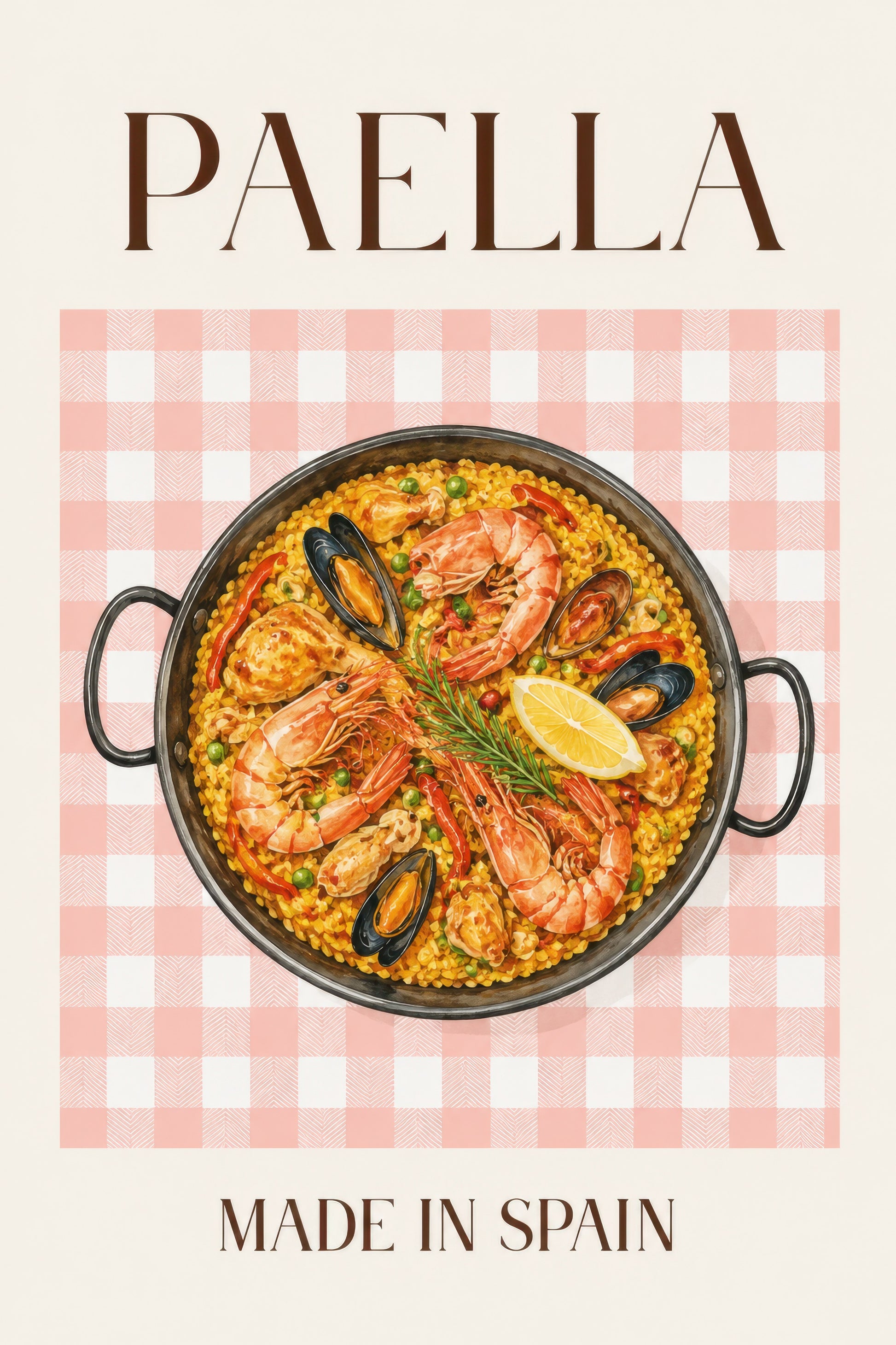 Pembe Sarı İspanyol Paella Yemek Temalı Vintage Duvar Tablosu