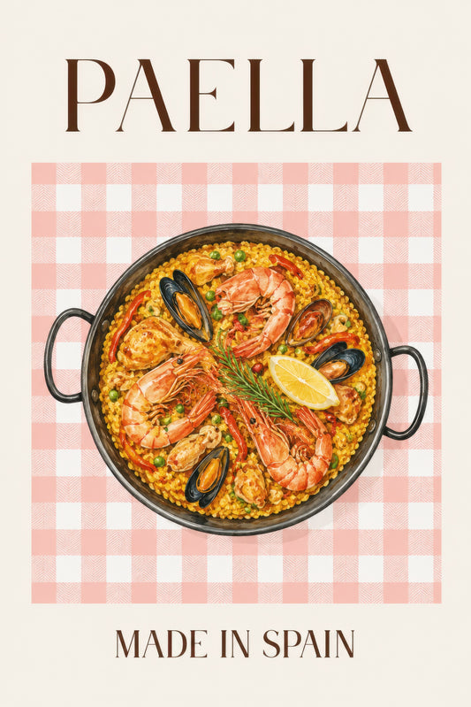 Pembe Sarı İspanyol Paella Yemek Temalı Vintage Duvar Tablosu