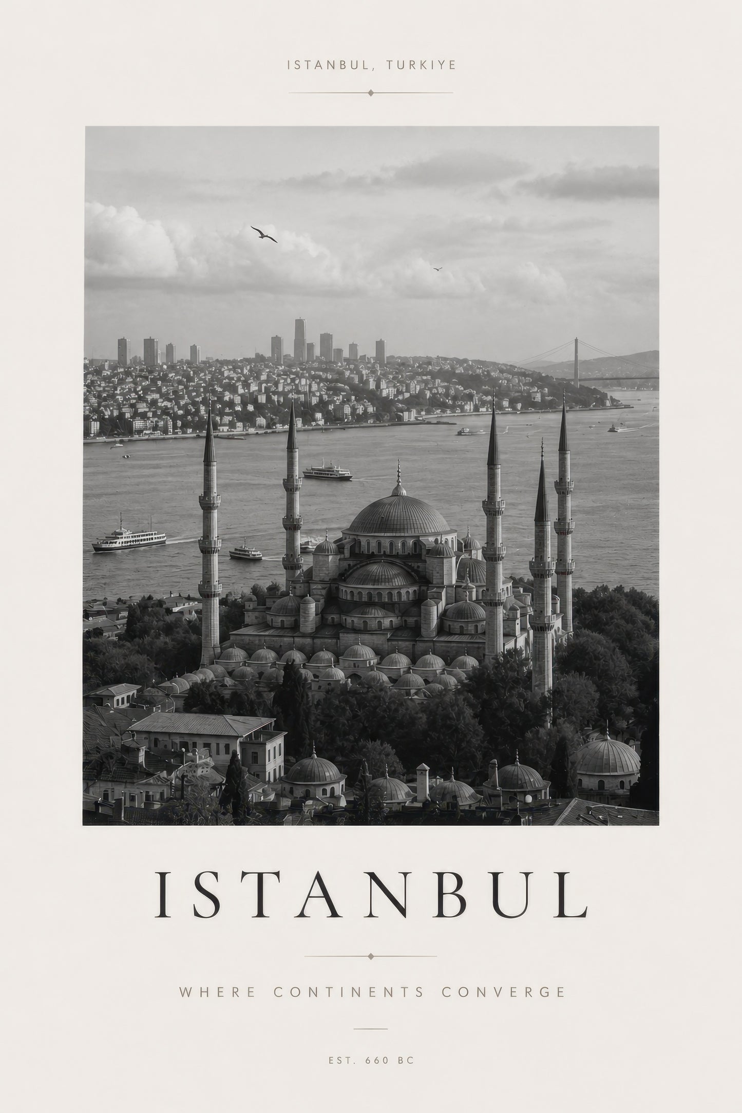 Gri Bej İstanbul Manzarası Tarihi Mimari Duvar Tablosu
