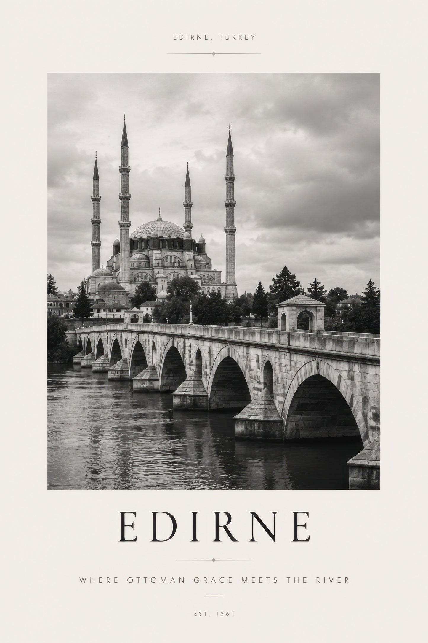 Siyah Beyaz Edirne Selimiye Camii ve Taş Köprü Mimari Duvar Tablosu