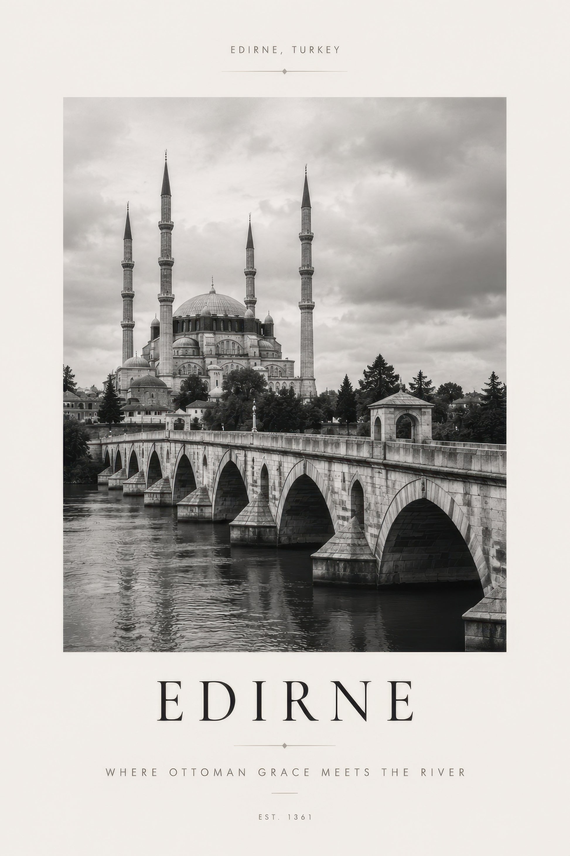 Siyah Beyaz Edirne Selimiye Camii ve Taş Köprü Mimari Duvar Tablosu