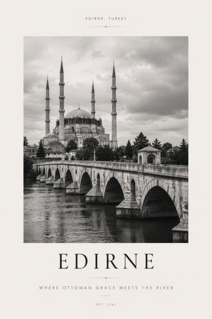 Siyah Beyaz Edirne Selimiye Camii ve Taş Köprü Mimari Duvar Tablosu