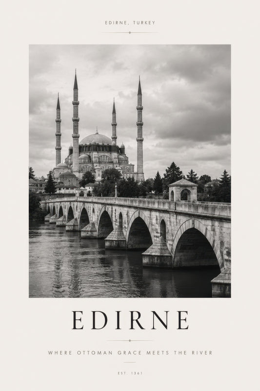 Siyah Beyaz Edirne Selimiye Camii ve Taş Köprü Mimari Duvar Tablosu