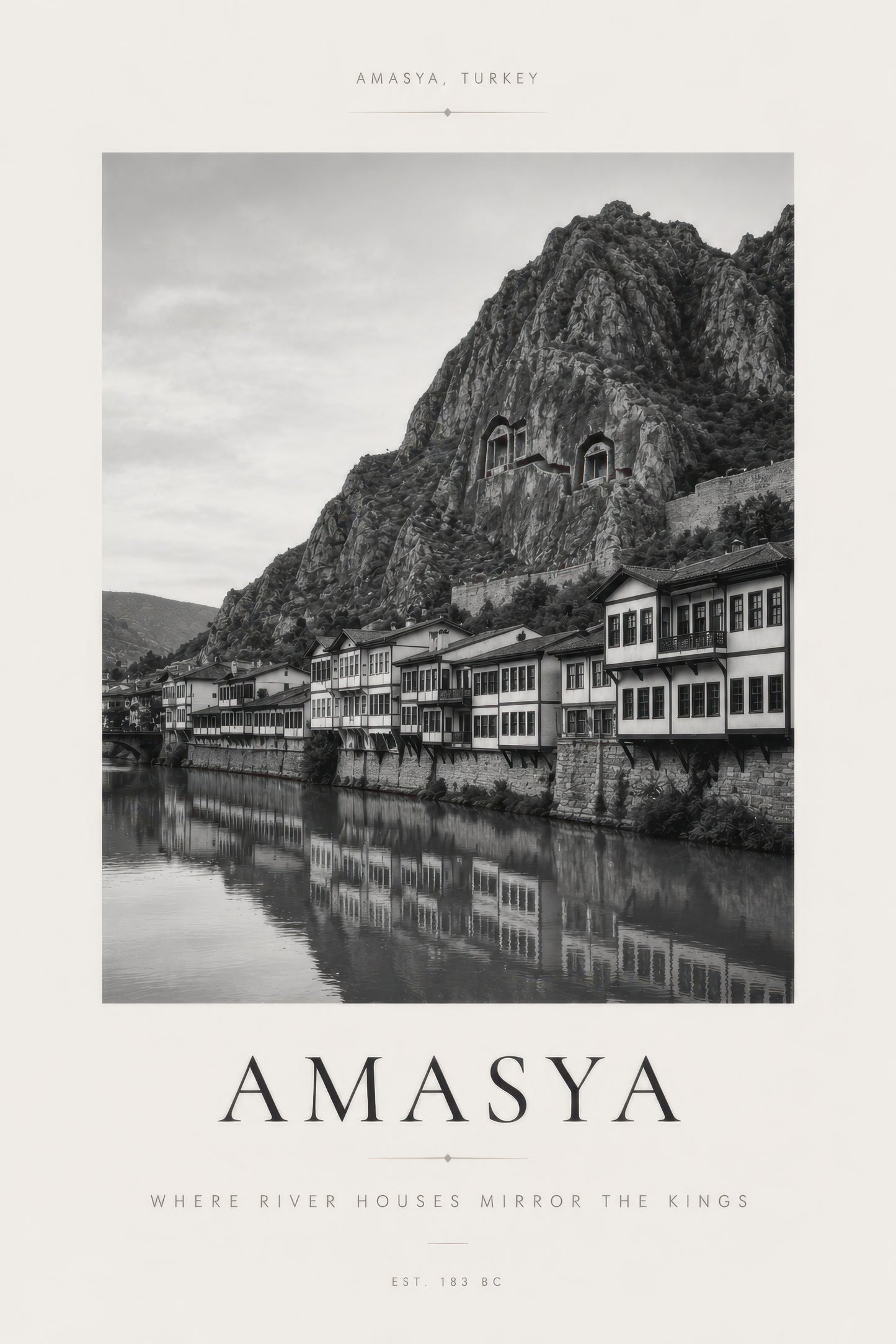 Siyah Beyaz Amasya Tarihi Evler Fotoğraf Duvar Tablosu