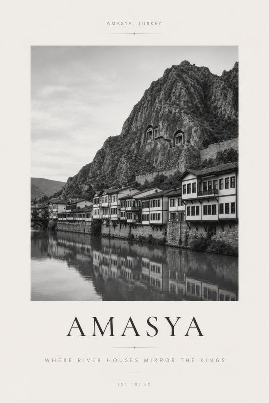 Siyah Beyaz Amasya Tarihi Evler Fotoğraf Duvar Tablosu
