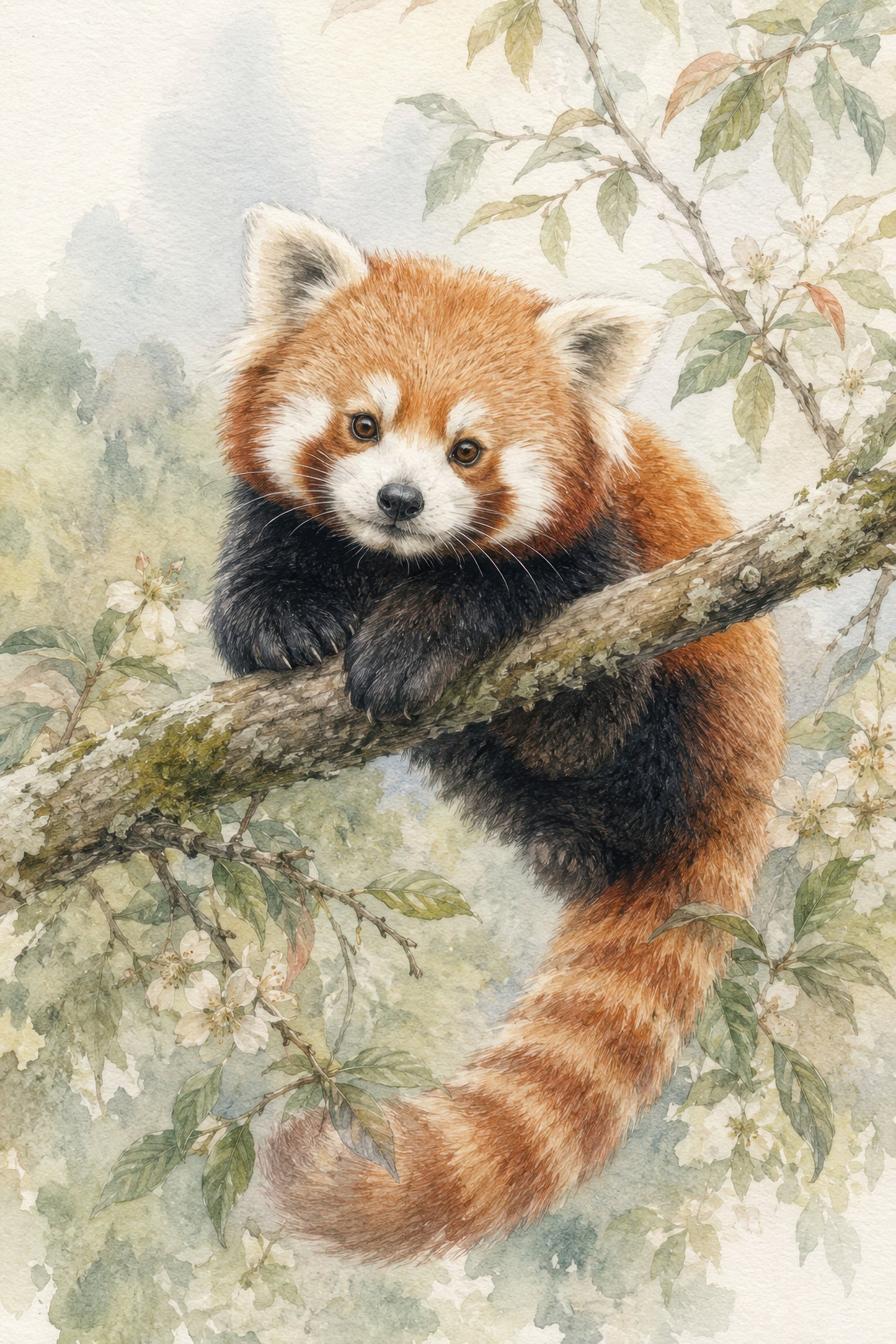 Turuncu Yeşil Kızıl Panda Suluboya Hayvan Duvar Tablosu