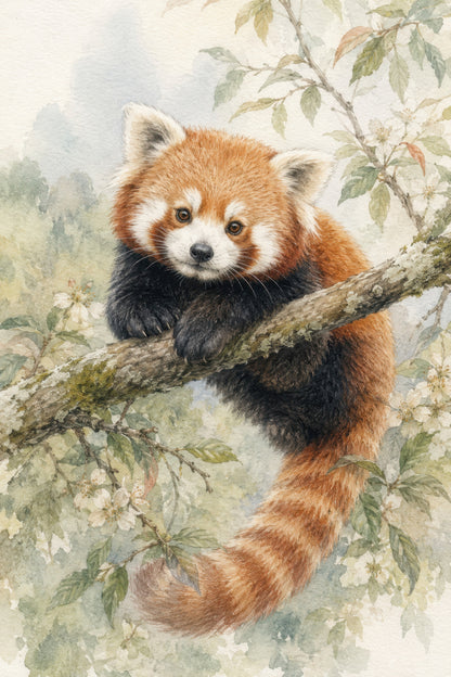 Turuncu Yeşil Kızıl Panda Suluboya Hayvan Duvar Tablosu