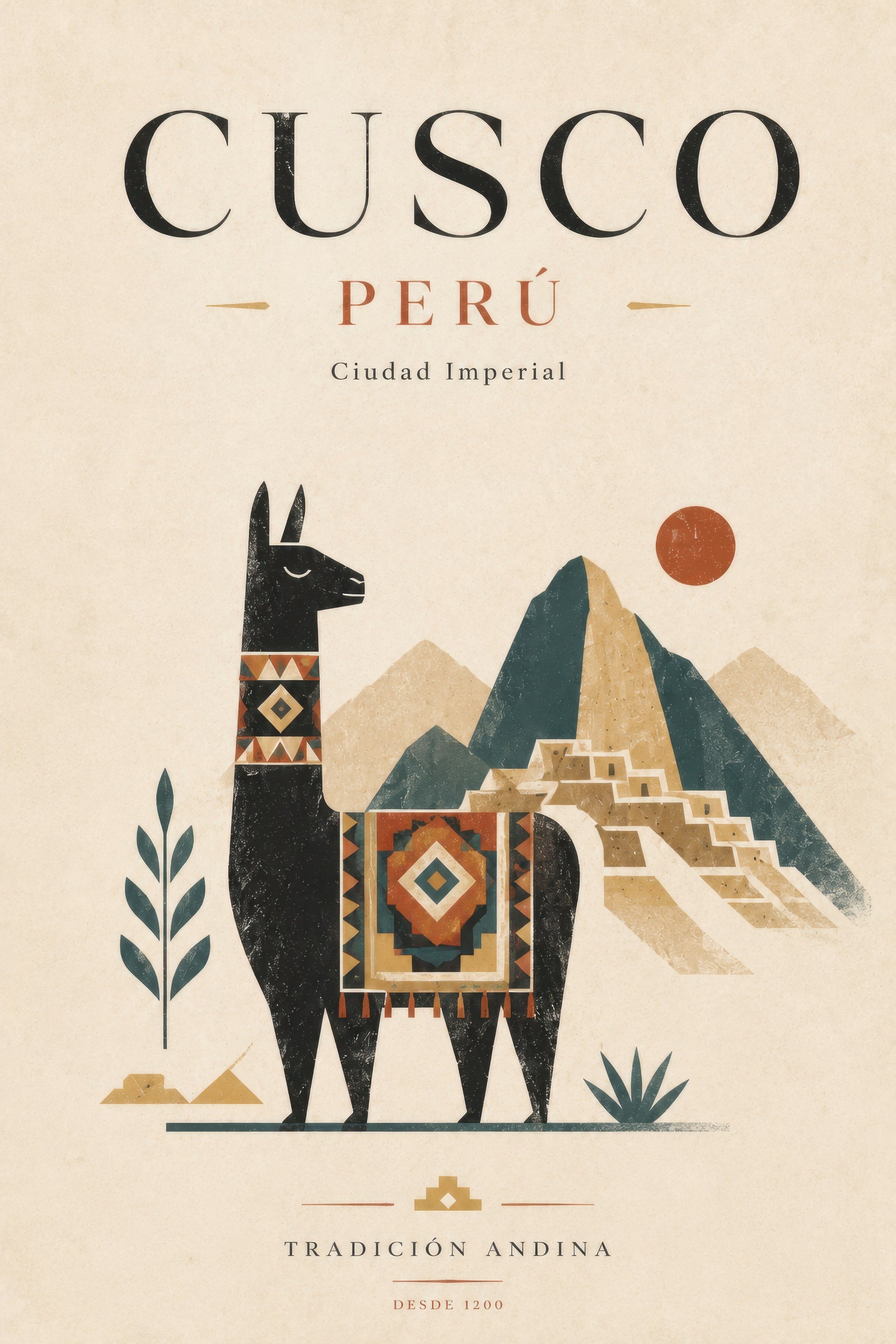 Bej Kahverengi Cusco Peru Lama Temalı Retro Seyahat Duvar Tablosu