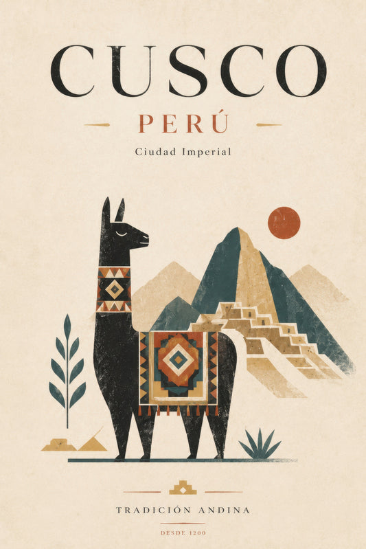 Bej Kahverengi Cusco Peru Lama Temalı Retro Seyahat Duvar Tablosu