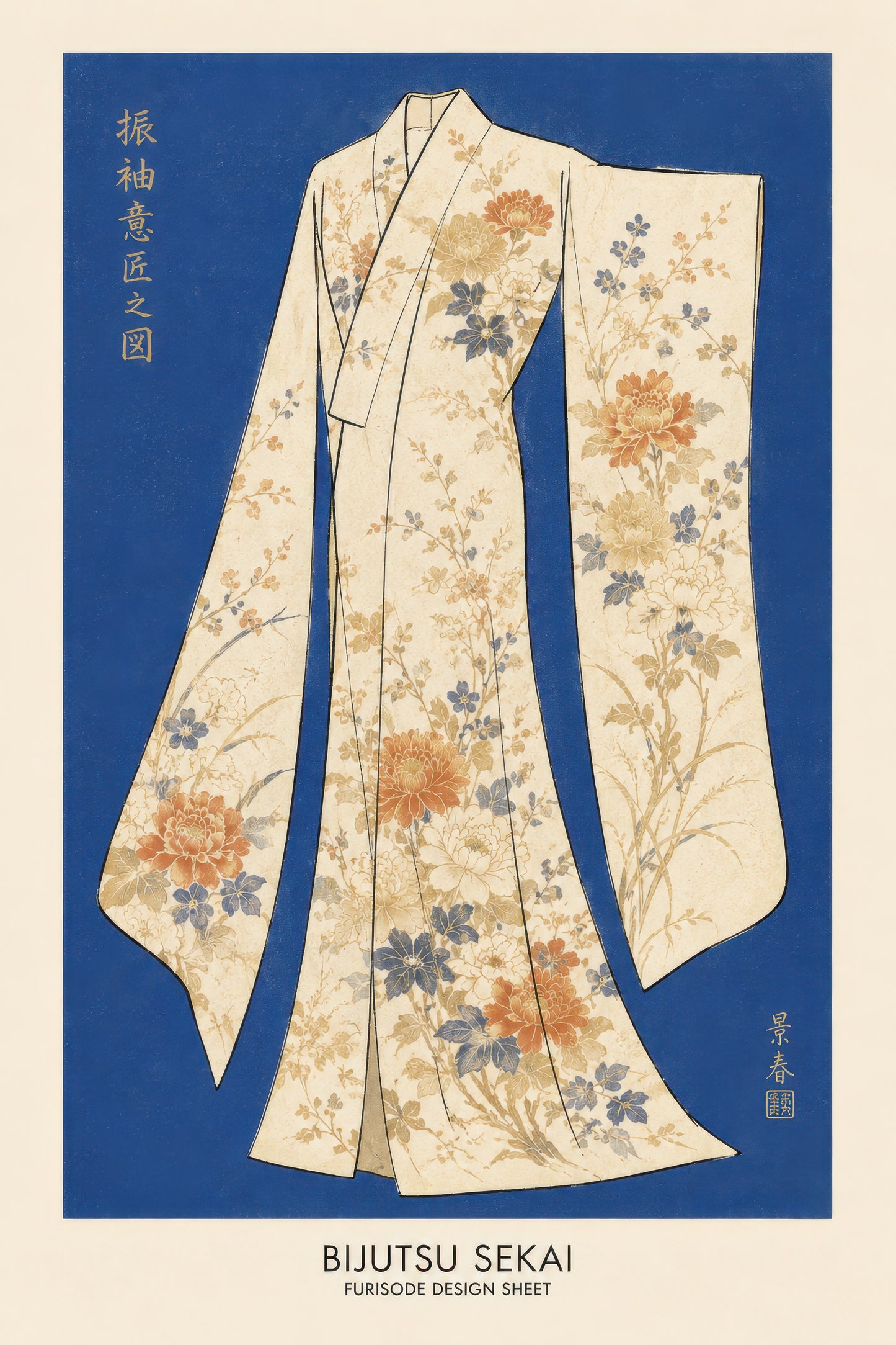 Kobalt Mavi Turuncu Japon Kimono Tasarımı Ukiyo-e Tarzı Duvar Tablosu
