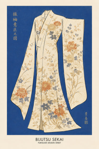 Kobalt Mavi Turuncu Japon Kimono Tasarımı Ukiyo-e Tarzı Duvar Tablosu
