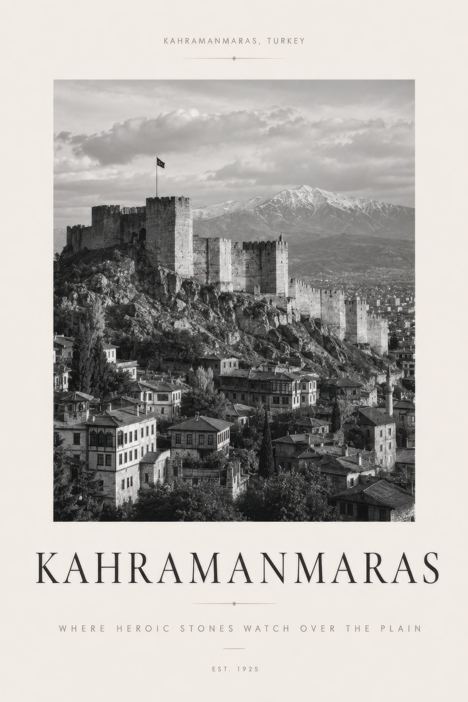 Siyah Beyaz Kahramanmaraş Kalesi Manzarası Nostaljik Duvar Tablosu