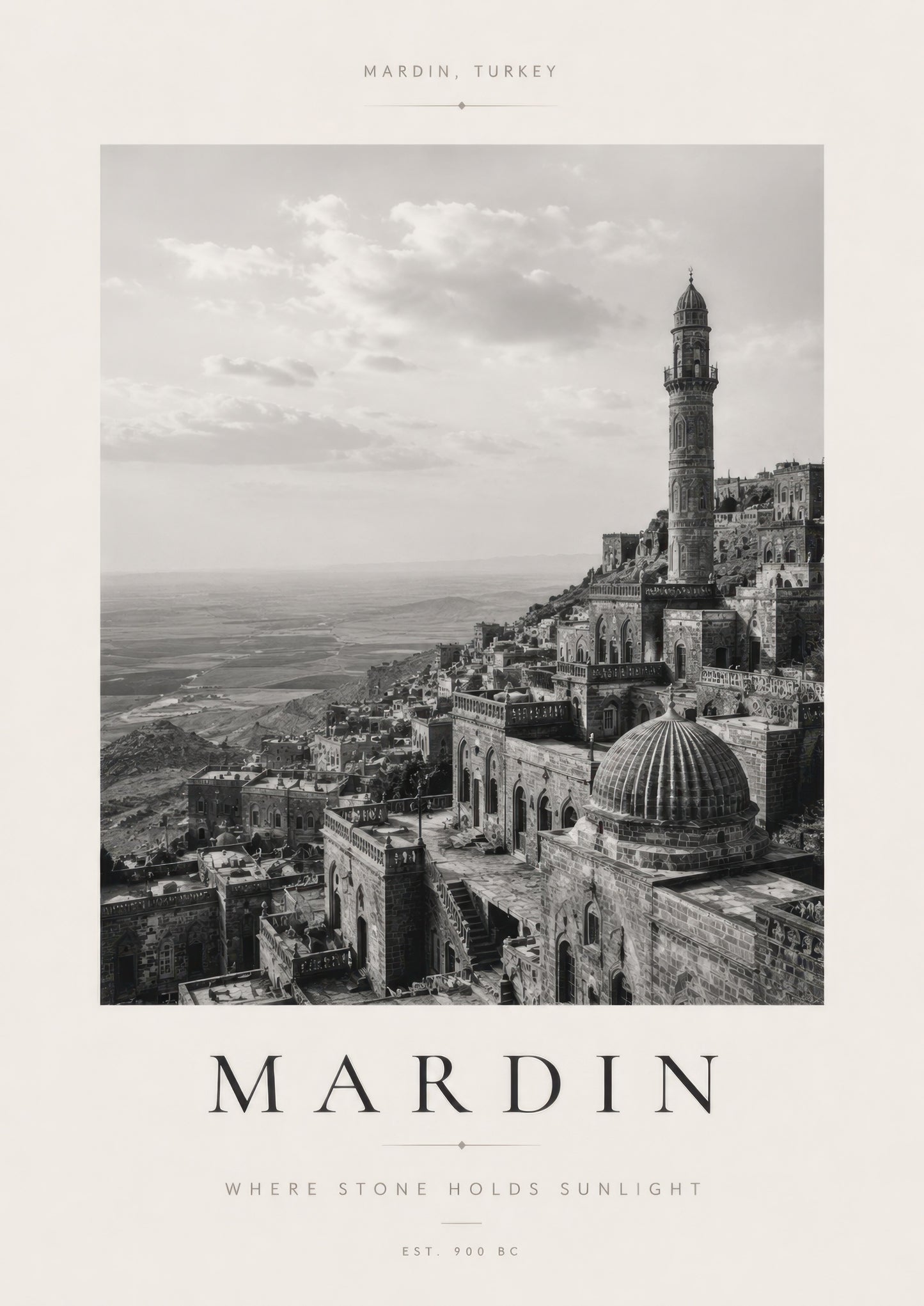 Gri Bej Mardin Tarihi Kent Manzarası Siyah Beyaz Duvar Tablosu