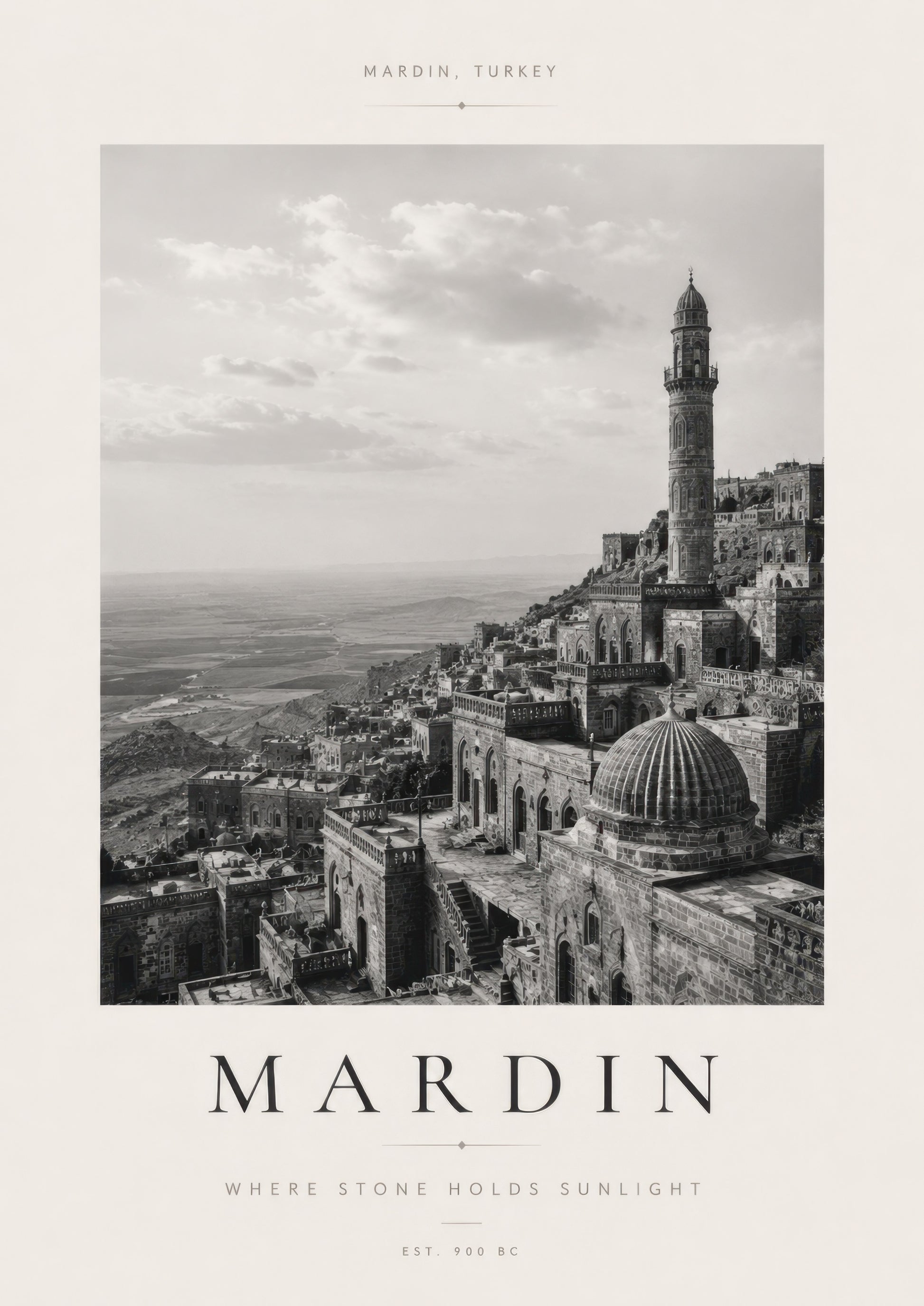 Gri Bej Mardin Tarihi Kent Manzarası Siyah Beyaz Duvar Tablosu