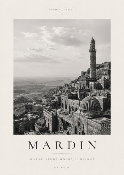 Gri Bej Mardin Tarihi Kent Manzarası Siyah Beyaz Duvar Tablosu