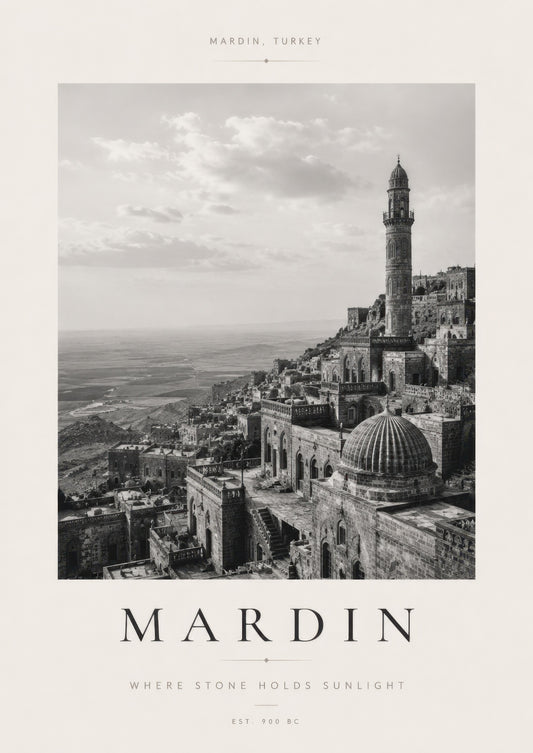 Gri Bej Mardin Tarihi Kent Manzarası Siyah Beyaz Duvar Tablosu