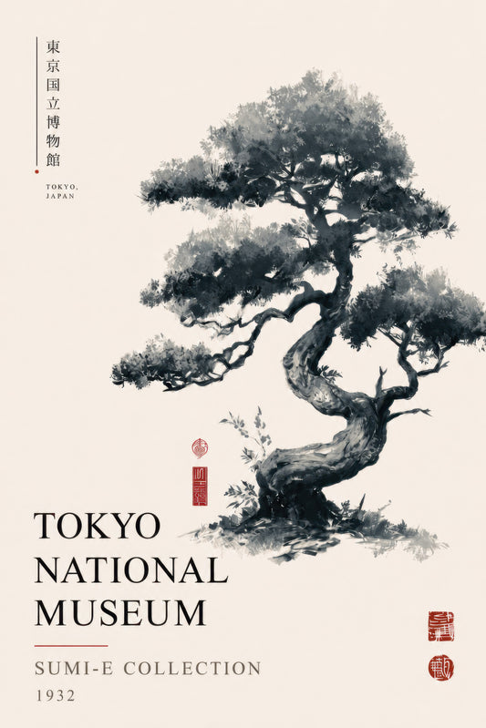 Bej Siyah Japon Bonsai Ağacı Minimalist Duvar Tablosu