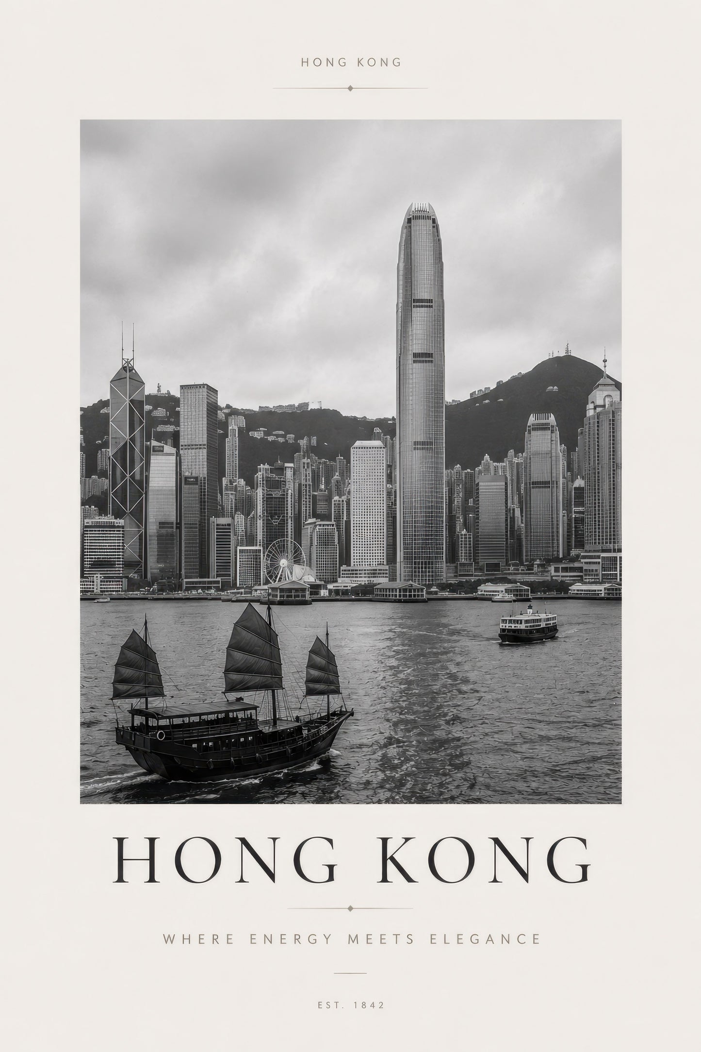 Siyah Beyaz Hong Kong Şehir Manzarası Modern Duvar Tablosu