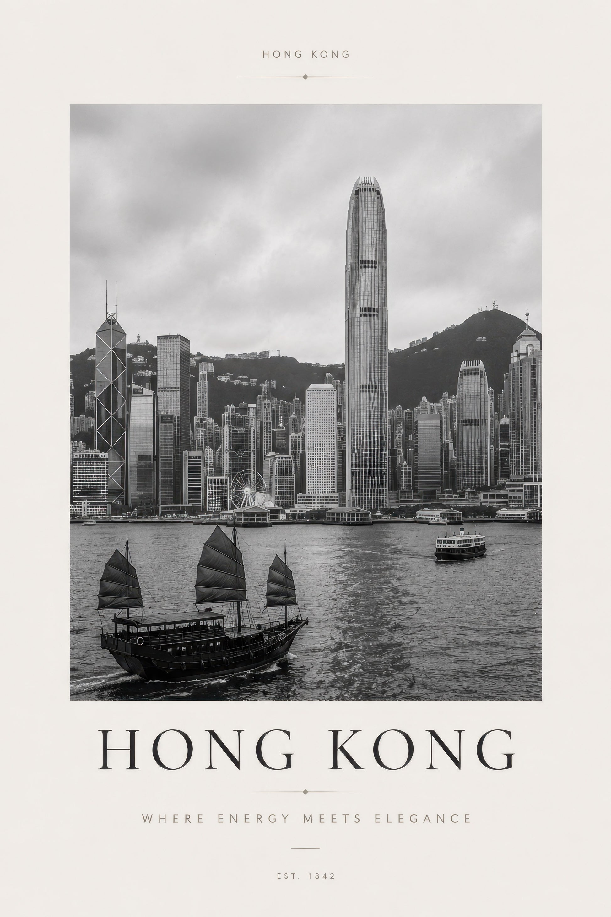 Siyah Beyaz Hong Kong Şehir Manzarası Modern Duvar Tablosu