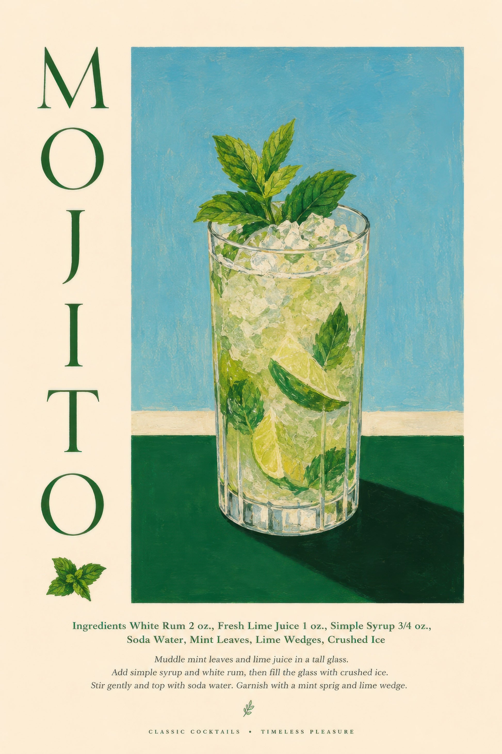Yeşil Mavi Mojito Kokteyl İllüstrasyonu Duvar Tablosu