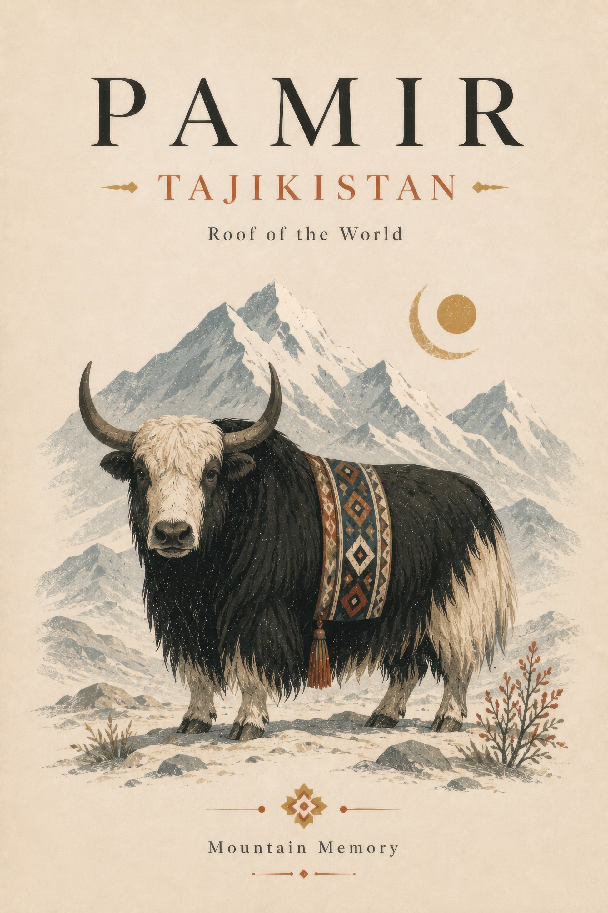 Bej Kahverengi Pamir Yak Manzarası Vintage Duvar Tablosu