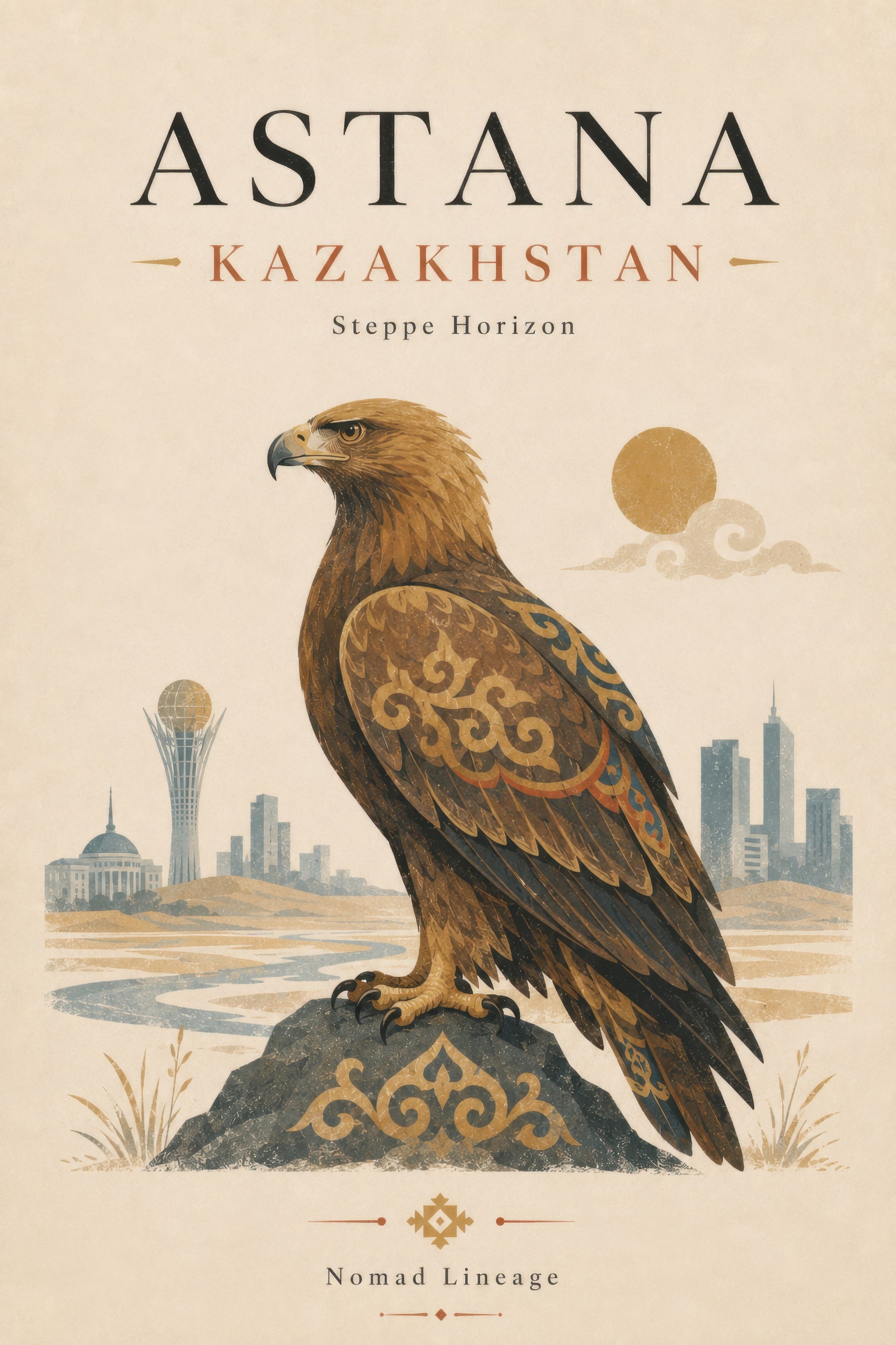 Kahverengi Altın Kazakistan Kartal Silüeti Vintage Duvar Tablosu