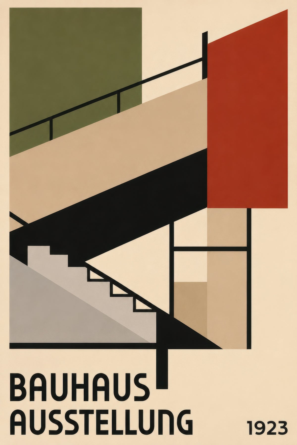 Zeytin Yeşili Kırmızı Bauhaus Merdiven Geometrik Soyut Duvar Tablosu