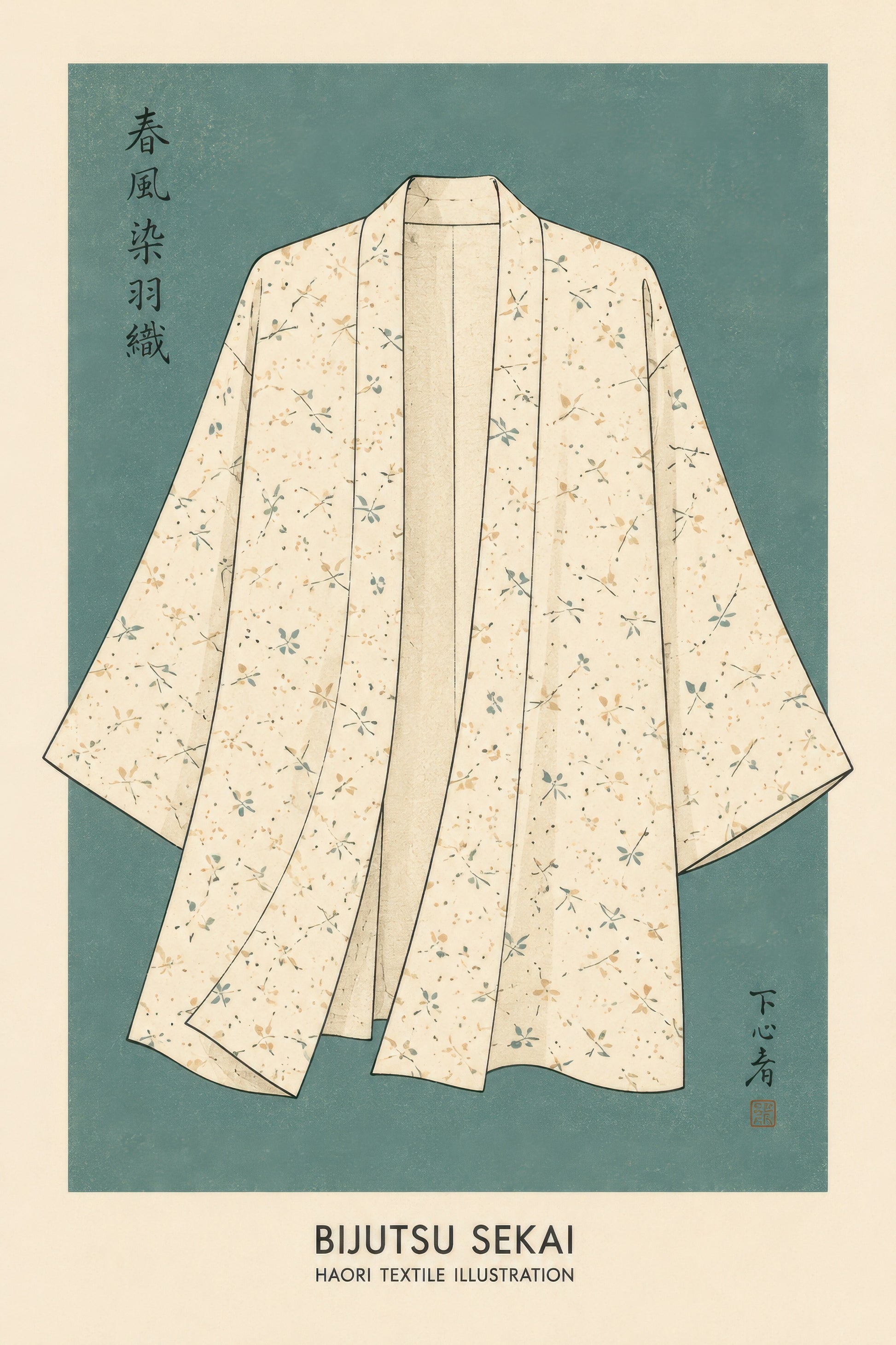Adaçayı Krem Japon Kimono İllüstrasyonu Minimalist Duvar Tablosu