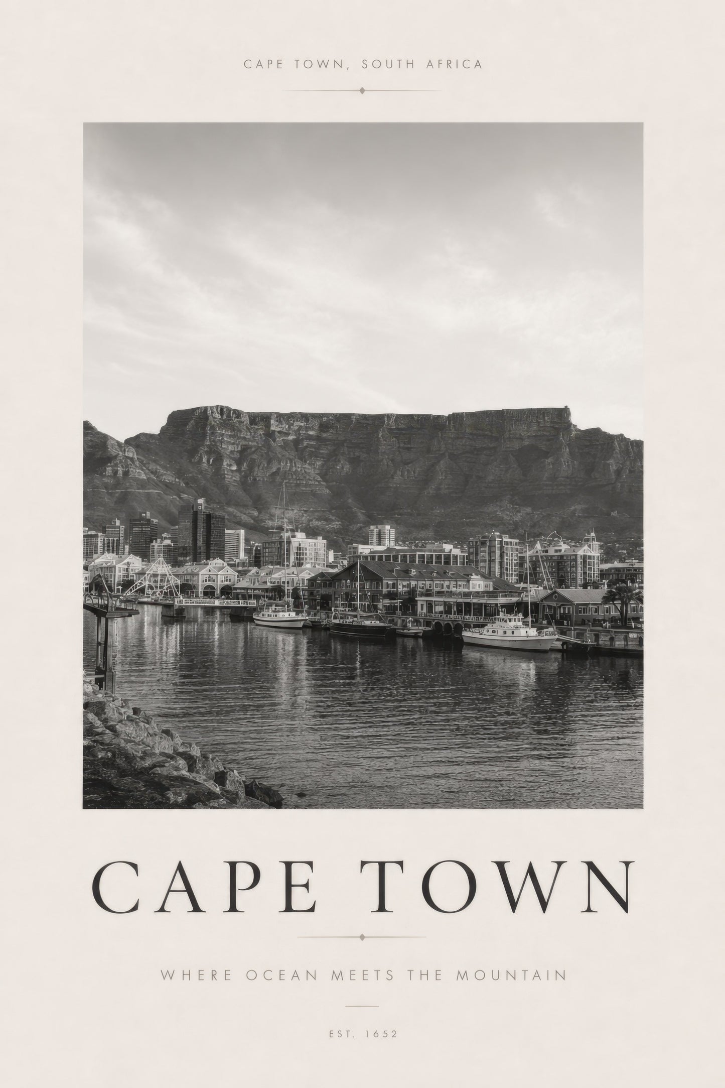 Gri Bej Cape Town Liman Manzarası Nostaljik Duvar Tablosu