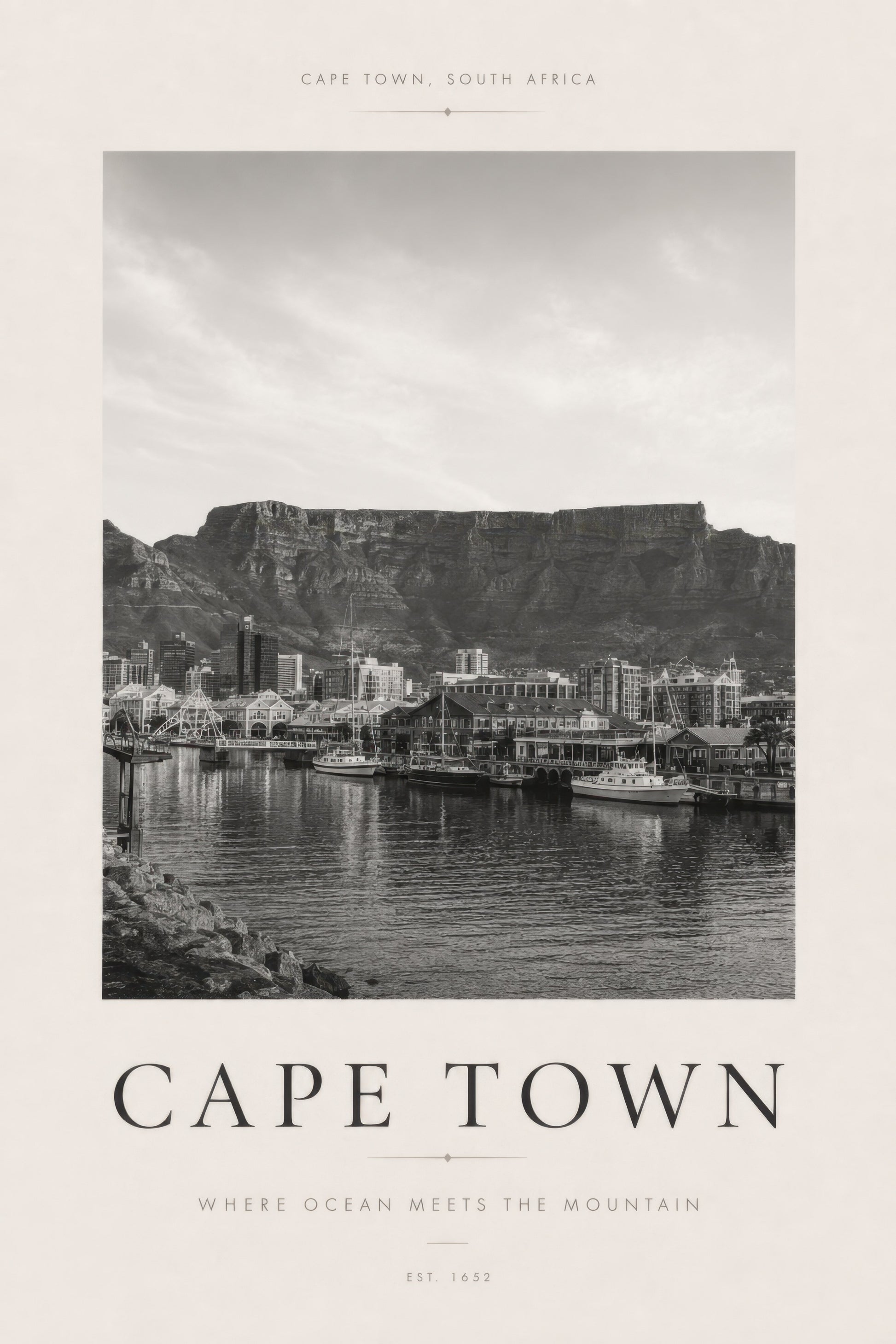 Gri Bej Cape Town Liman Manzarası Nostaljik Duvar Tablosu