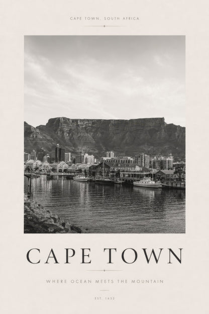 Gri Bej Cape Town Liman Manzarası Nostaljik Duvar Tablosu