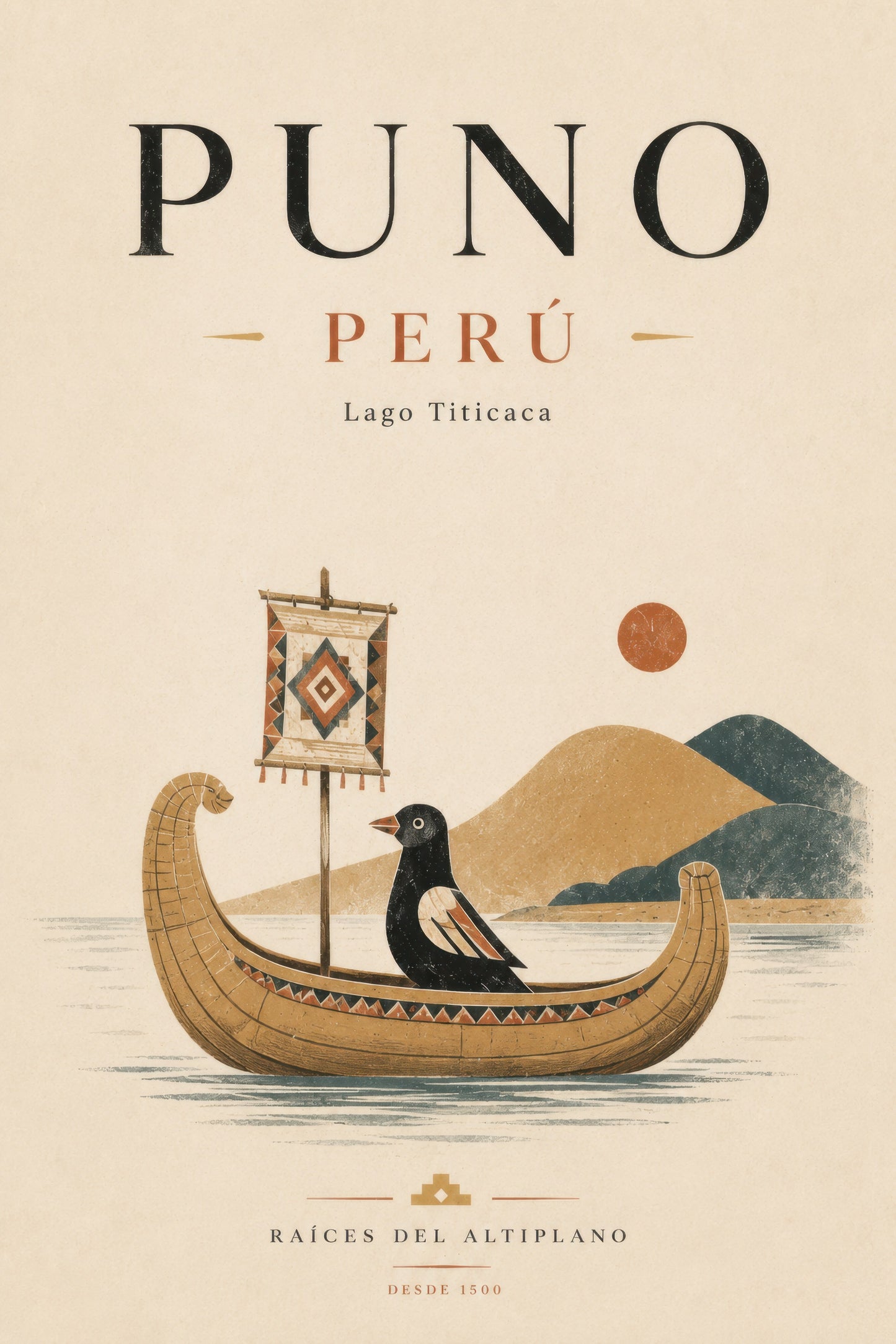 Bej Kahverengi Peru Titicaca Gölü Geleneksel Tekne Vintage Duvar Tablosu