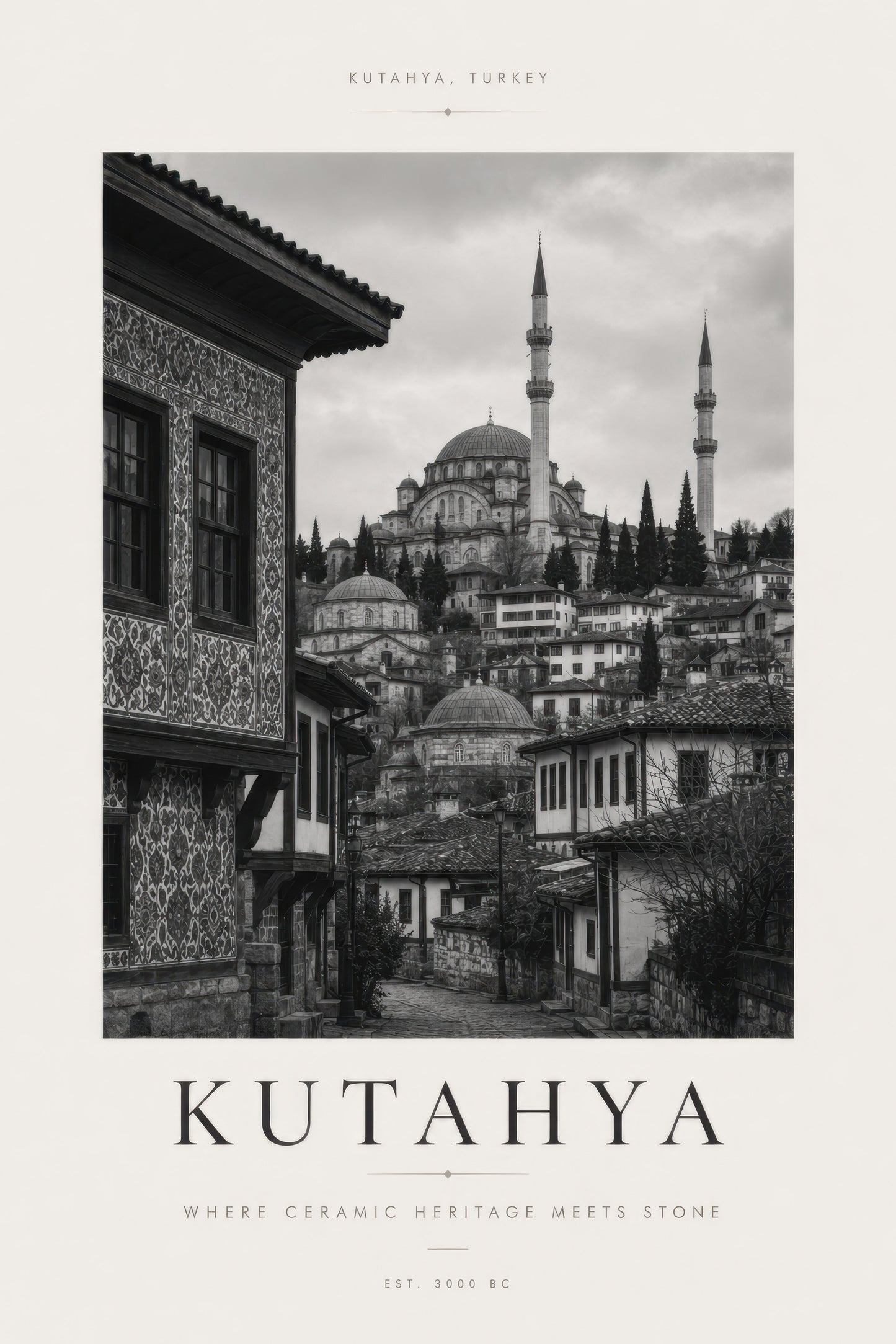 Siyah Beyaz Kütahya Cami Manzarası Vintage Duvar Tablosu