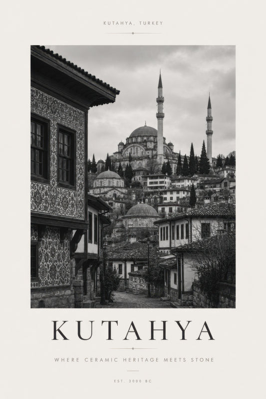 Siyah Beyaz Kütahya Cami Manzarası Vintage Duvar Tablosu