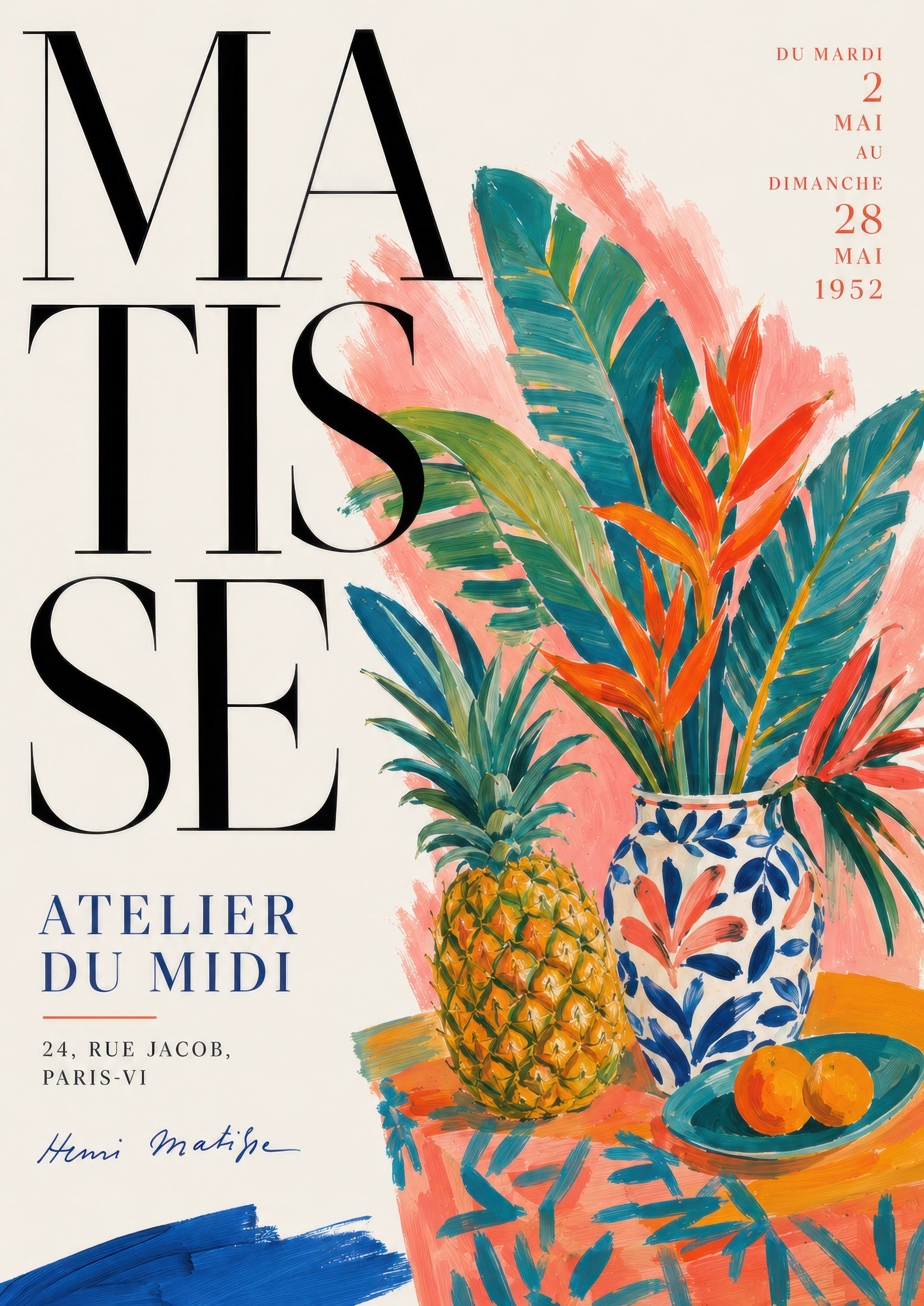 Turkuaz Mercan Yeşil Tropikal Yapraklar Ananas Vazo Henri Matisse Sanat Sergisi Duvar Tablosu