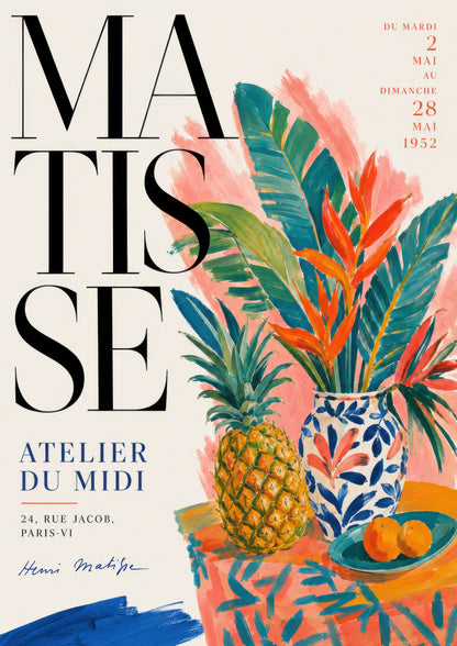 Turkuaz Mercan Yeşil Tropikal Yapraklar Ananas Vazo Henri Matisse Sanat Sergisi Duvar Tablosu