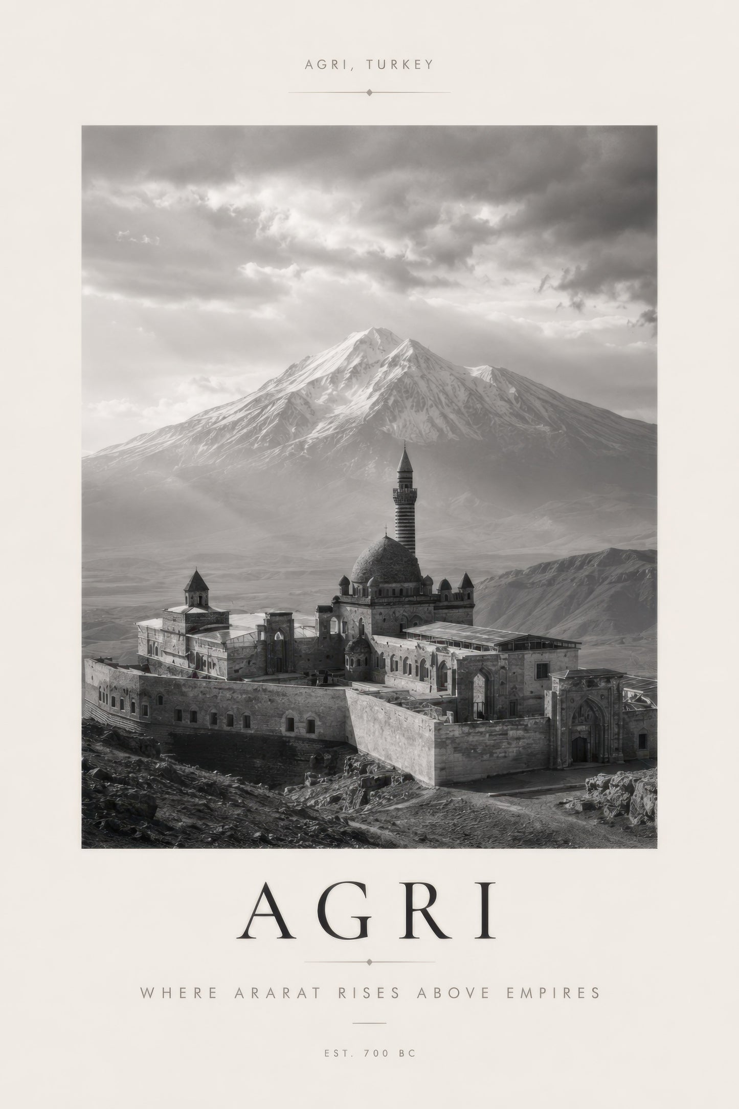 Gri Beyaz Ağrı Dağı İshak Paşa Sarayı Tarihi Mimari Duvar Tablosu