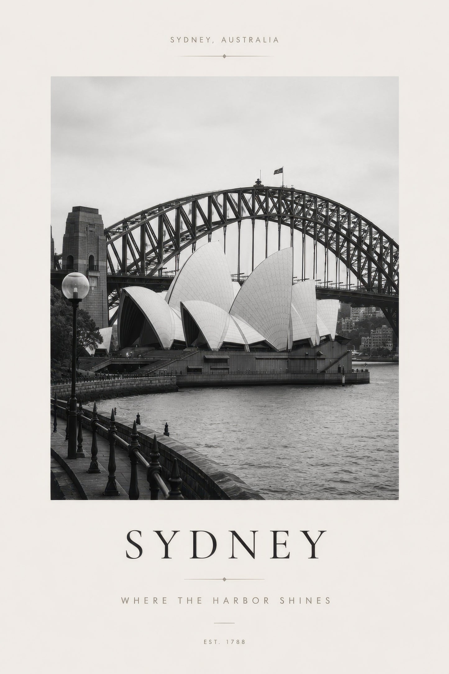Siyah Beyaz Sydney Opera Binası ve Harbour Köprüsü Mimari Duvar Tablosu