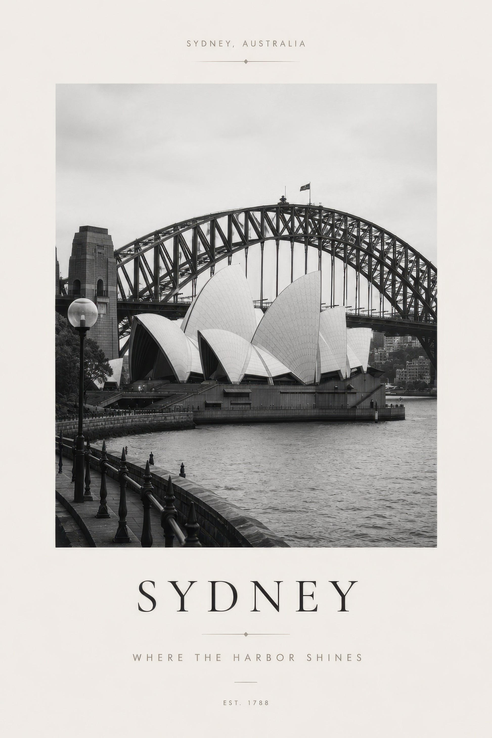 Siyah Beyaz Sydney Opera Binası ve Harbour Köprüsü Mimari Duvar Tablosu