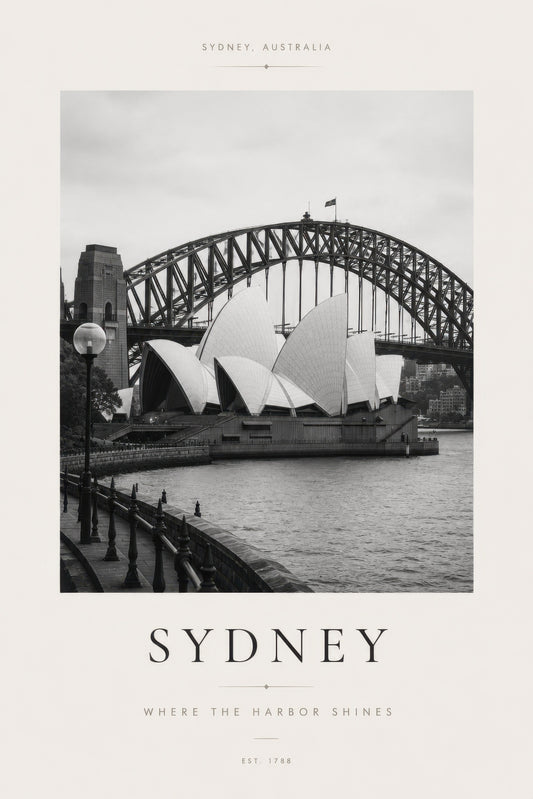 Siyah Beyaz Sydney Opera Binası ve Harbour Köprüsü Mimari Duvar Tablosu