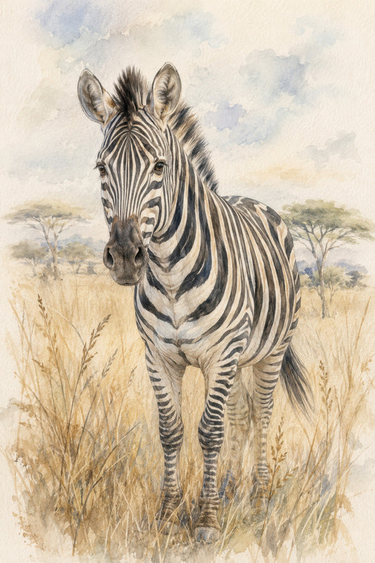 Bej Mavi Zebra Portresi Suluboya Duvar Tablosu