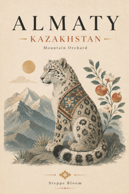Bej Mavi Kar Parsı Kazakistan Vintage İllüstrasyon Duvar Tablosu