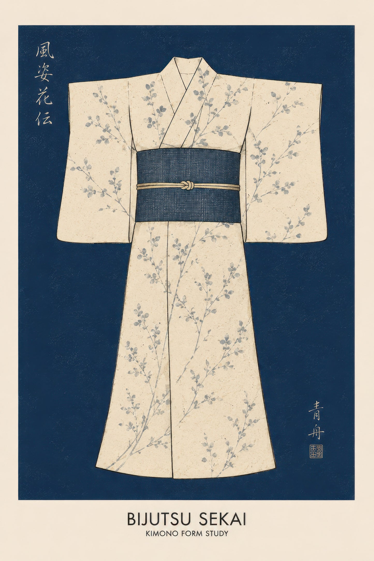 Lacivert Krem Japon Kimono Geleneksel Sanat Duvar Tablosu