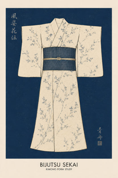 Lacivert Krem Japon Kimono Geleneksel Sanat Duvar Tablosu